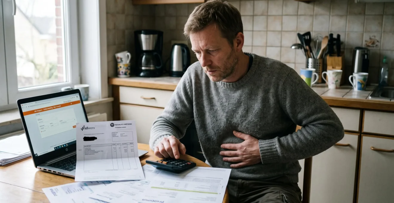 Un homme en arrêt maladie calcule à sa table de cuisine la différence entre son salaire habituel et ses indemnités, entouré de factures et de documents de sa mutualité.
