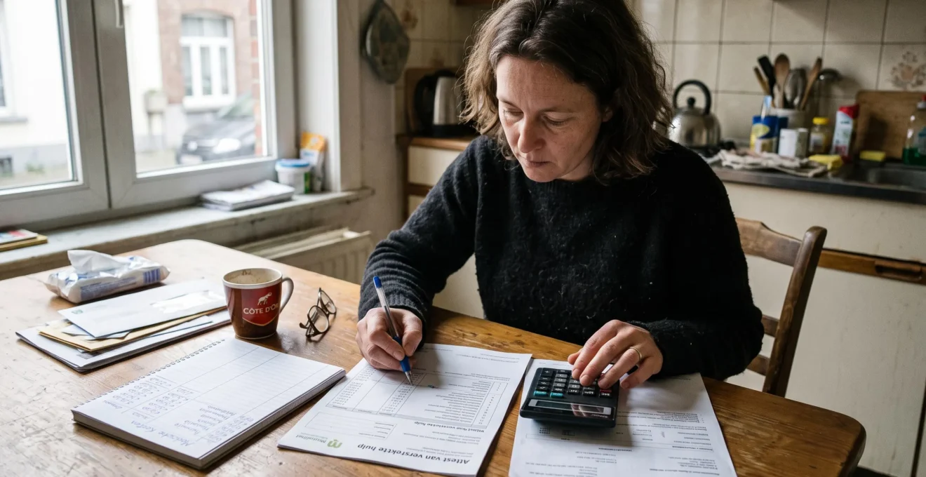Une personne calcule son reste à charge réel après une consultation médicale, entre une attestation de remboursement, une facture et une calculatrice posées sur une table de cuisine.