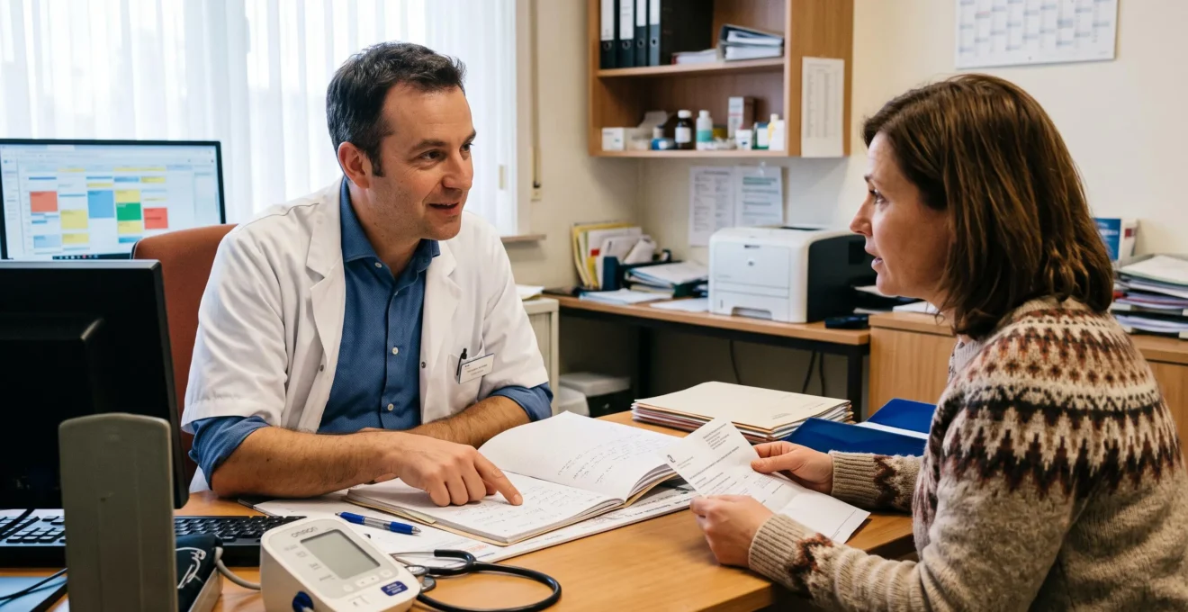 Un médecin généraliste discute avec une patiente à son bureau de consultation, en train d'examiner ensemble un dossier médical.
