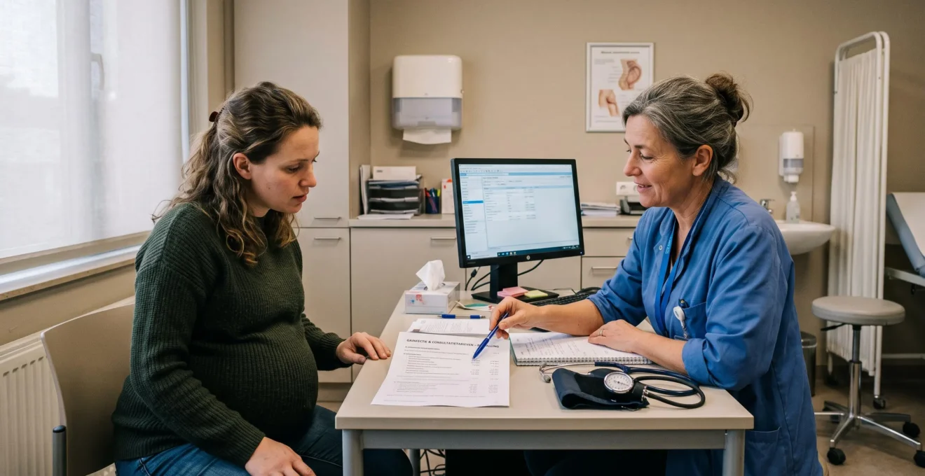Une femme enceinte en consultation avec une gynécologue qui lui montre un document de tarifs posé sur le bureau du cabinet médical.
