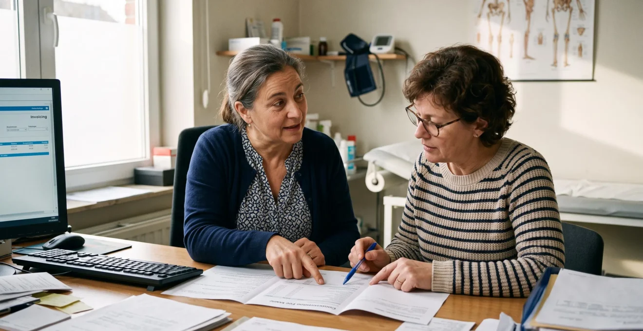 Un médecin généraliste explique à son patient le détail des honoraires et des remboursements lors d'une consultation dans un cabinet médical.