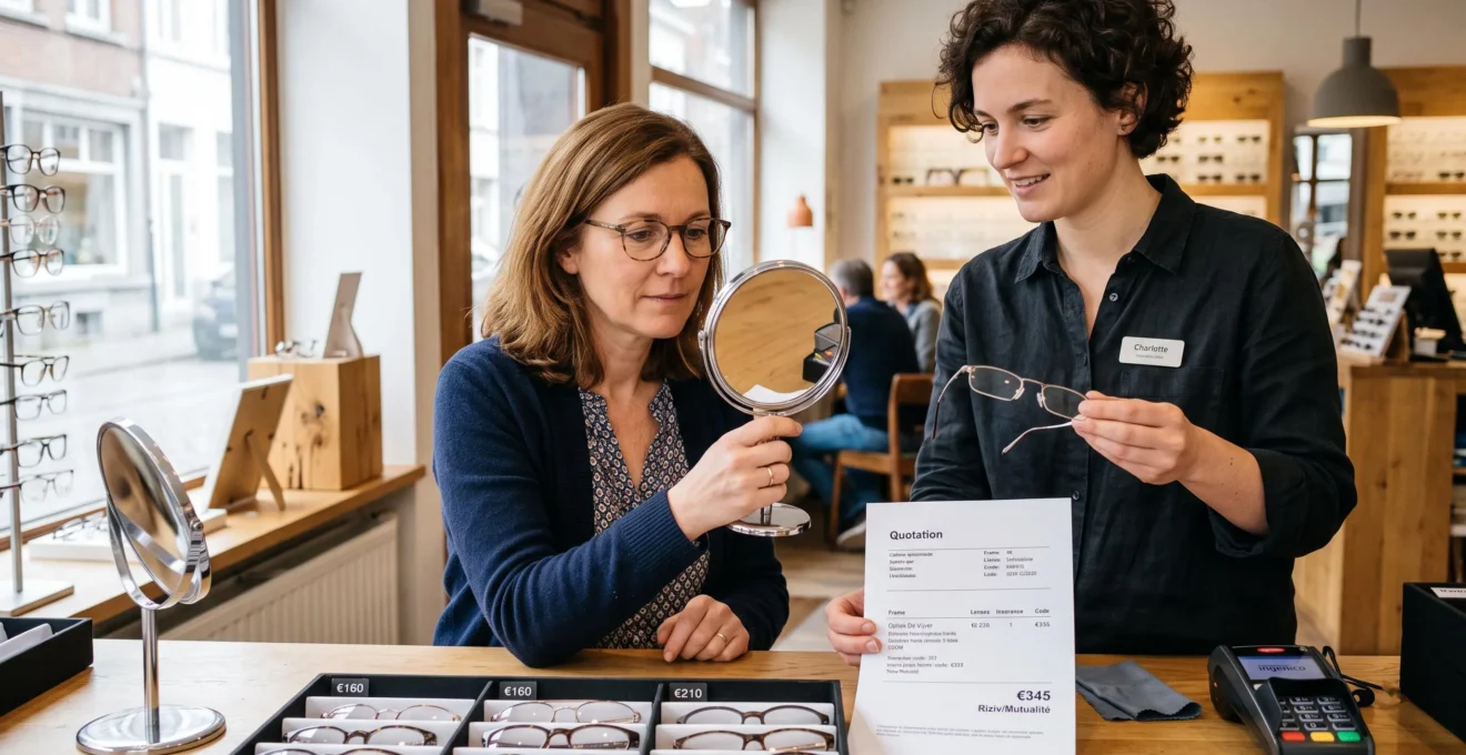 Une femme essaie des lunettes chez un opticien pendant que l'opticien lui présente une autre monture et un devis imprimé sur le comptoir.