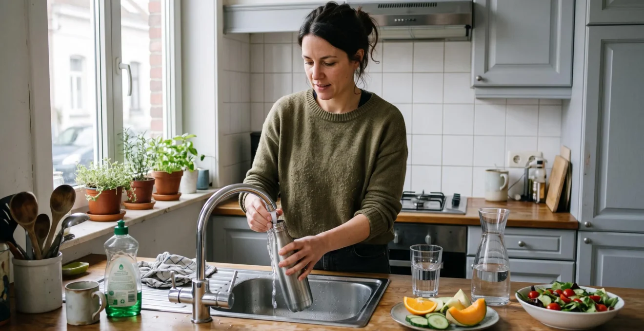 Une femme remplit une gourde d'eau au robinet de sa cuisine, avec une carafe, un verre et des fruits riches en eau posés sur le plan de travail.