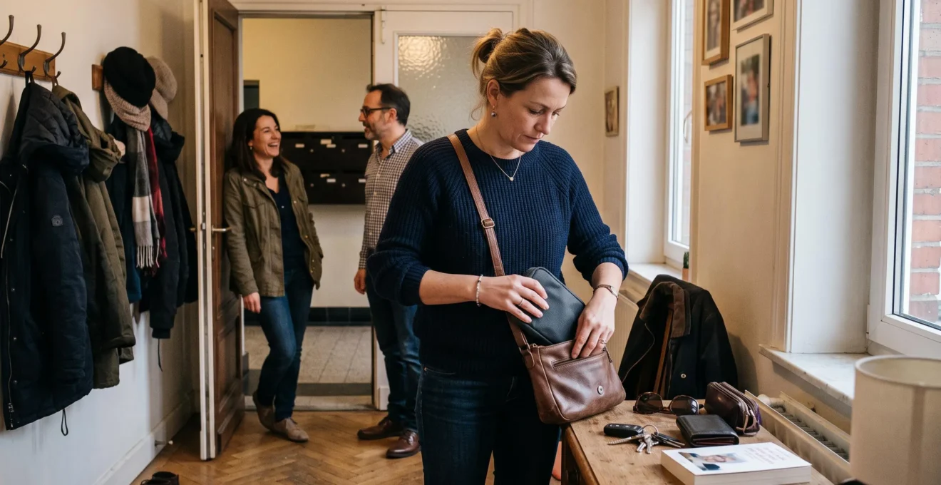 Une femme range sa trousse de traitement dans son sac avant de sortir avec deux amis qui l'attendent près de la porte.