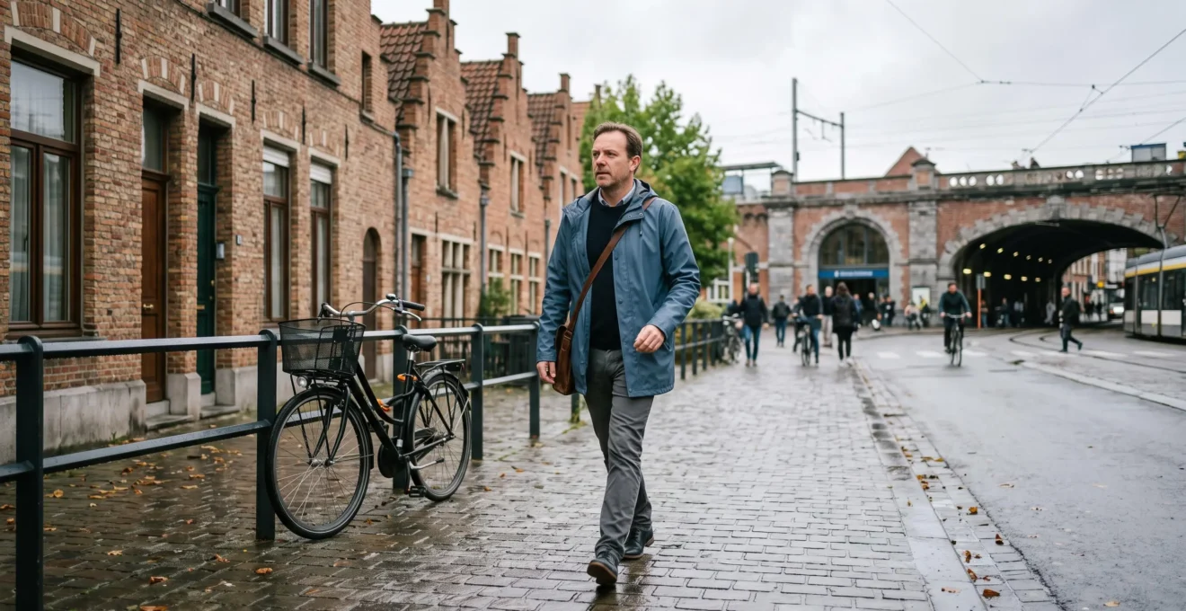 Une personne marche rapidement sur un trottoir d'une ville belge le matin, devant des maisons en briques, avec un vélo garé contre une balustrade.