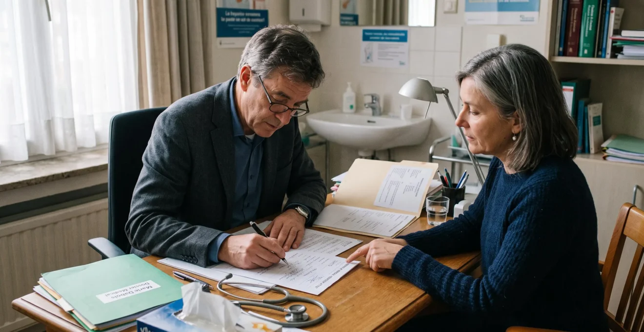 Un médecin traitant remplit un certificat médical à son bureau tandis que son patient suit la rédaction du dossier de prise en charge.