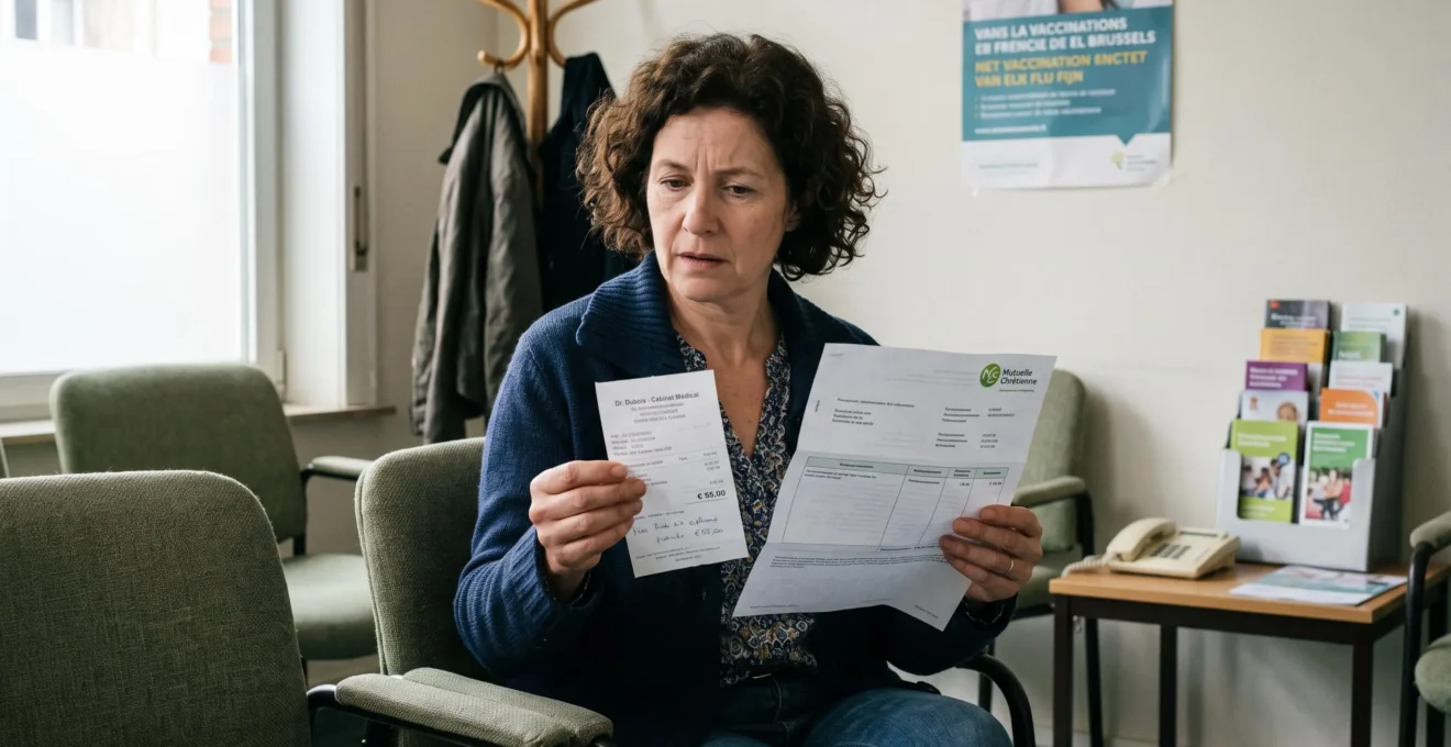 Un patient assis dans une salle d'attente compare une facture de consultation médicale avec son décompte de remboursement.