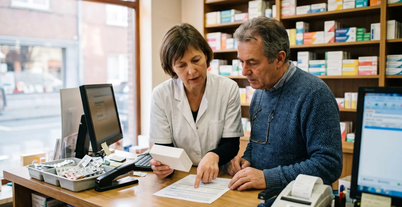 Un pharmacien explique à une patiente le taux de remboursement d'une boîte de médicaments au comptoir d'une officine belge.