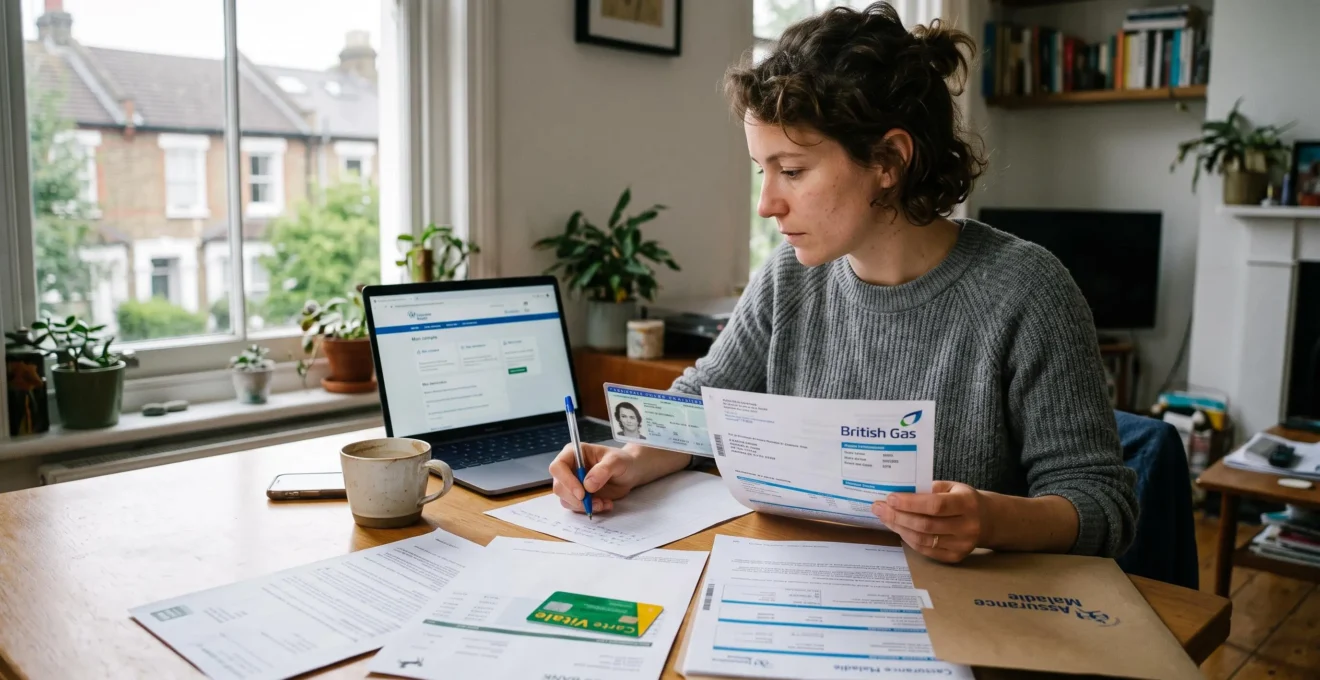 Une personne vérifie ses documents administratifs à domicile pour constituer un dossier d'affiliation à l'assurance maladie, avec une carte de santé posée sur la table.