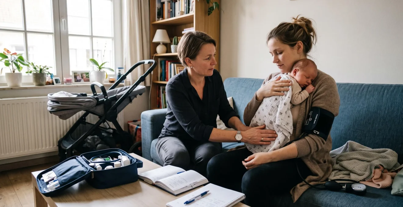 Une sage-femme en visite à domicile effectue une vérification de tension artérielle chez une jeune maman qui porte son nouveau-né dans un salon lumineux.