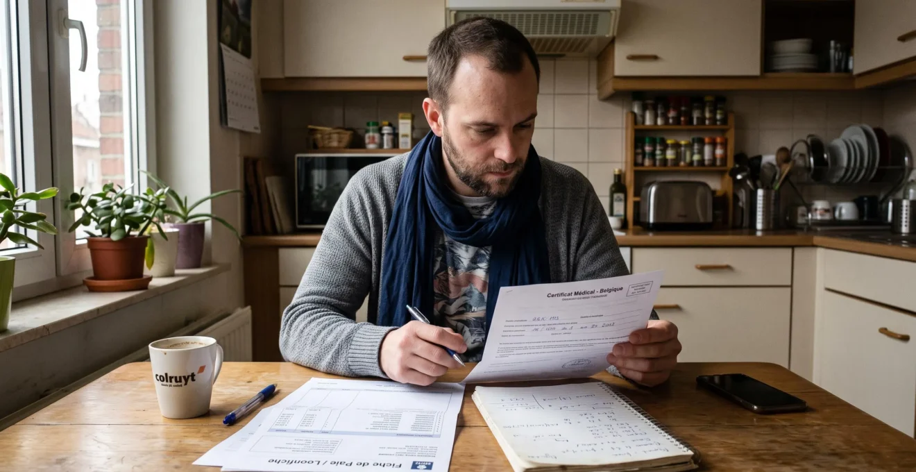 Un salarié malade assis à sa table de cuisine vérifie son certificat médical et sa fiche de salaire pour estimer son indemnité journalière.