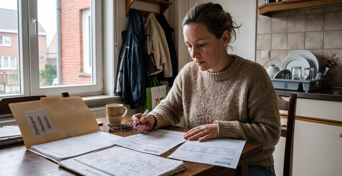 Une salariée convalescente compare à sa table de cuisine un certificat médical, un relevé de son organisme assureur et un bulletin de salaire, un calendrier manuscrit à côté.