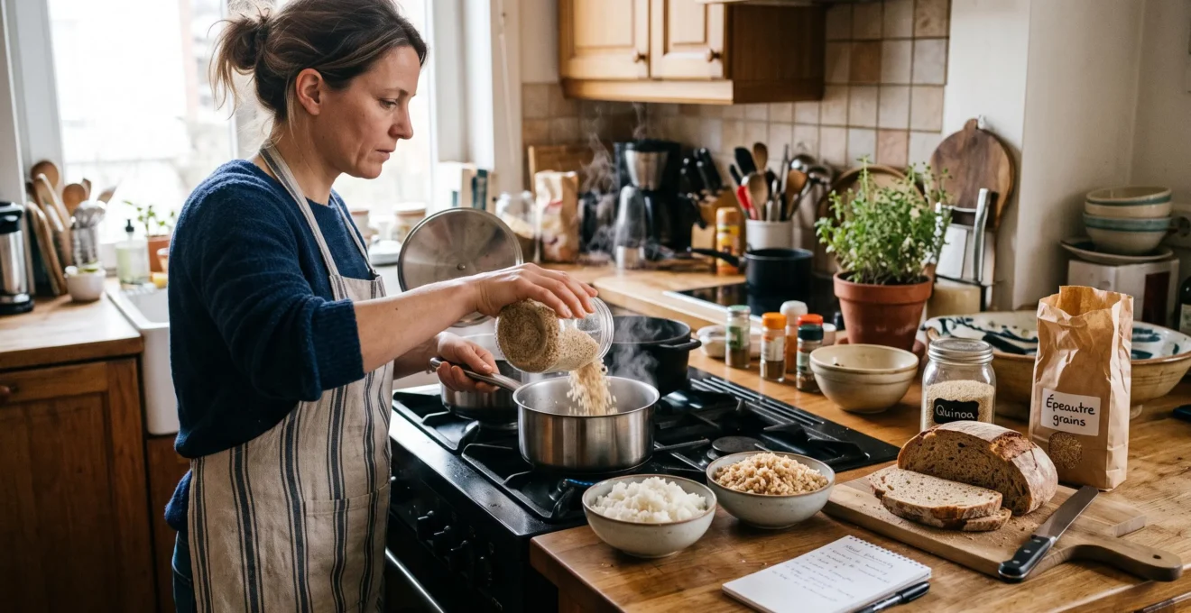 Une femme verse du riz complet dans une casserole sur une cuisine domestique, avec des bols de riz blanc et de riz complet posés sur le plan de travail.