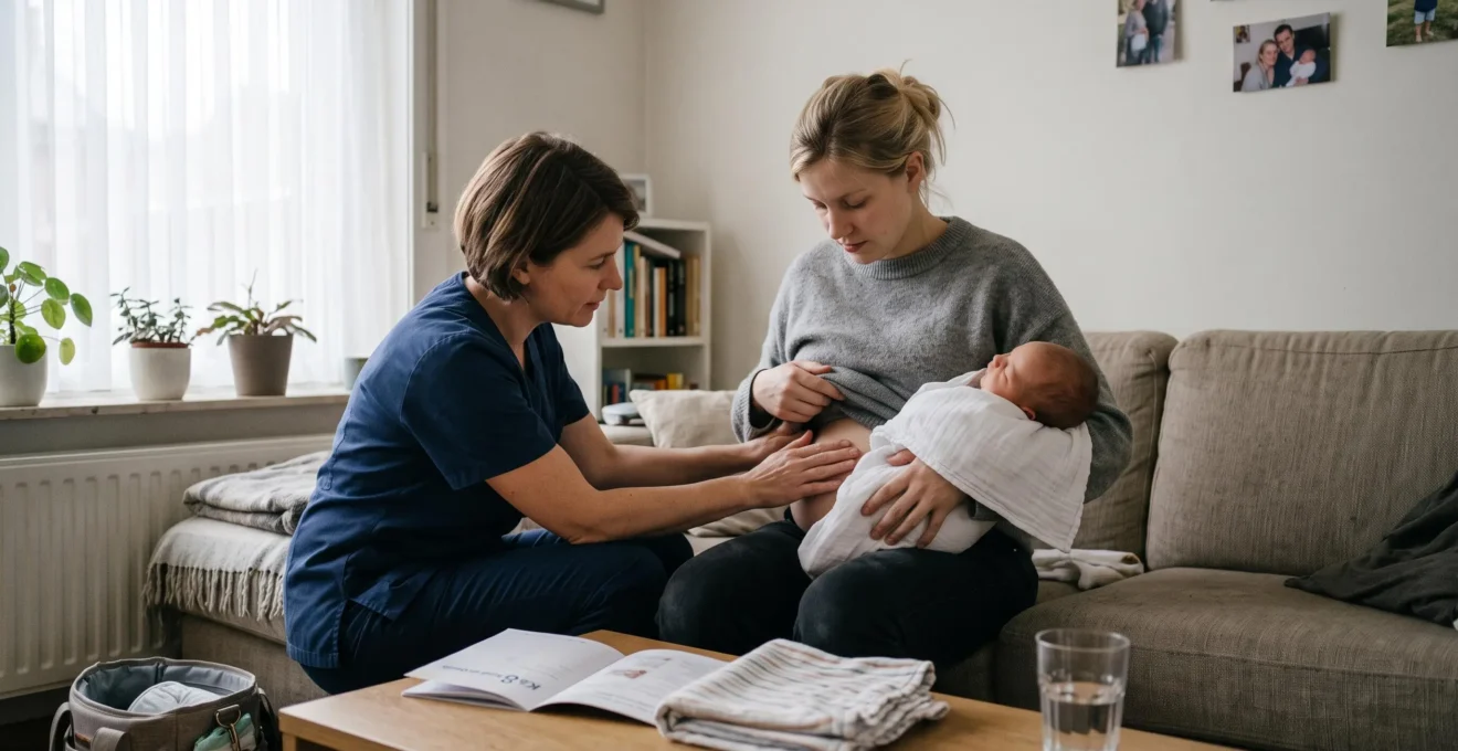 Une sage-femme effectue une visite postnatale à domicile auprès d'une jeune mère tenant son nouveau-né sur un canapé.